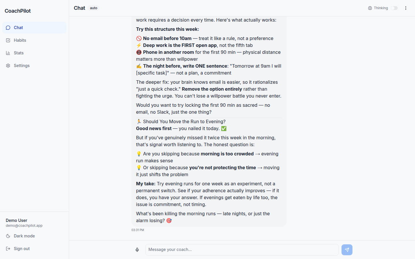 CoachPilot AI coach conversation