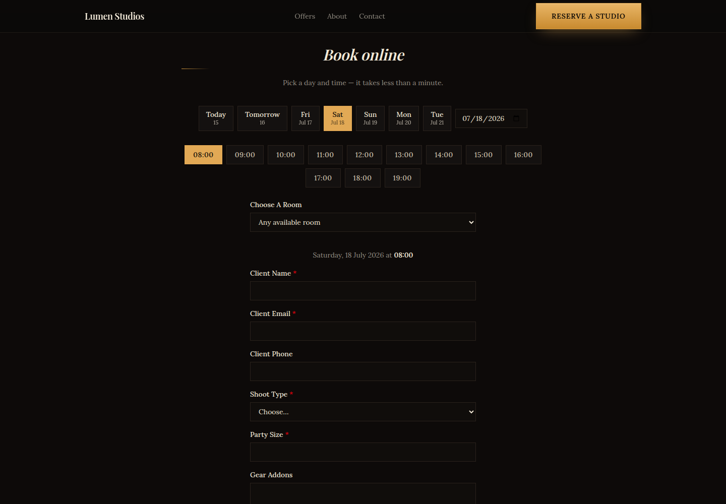 Morph public booking flow — time slots, room picker, guest form
