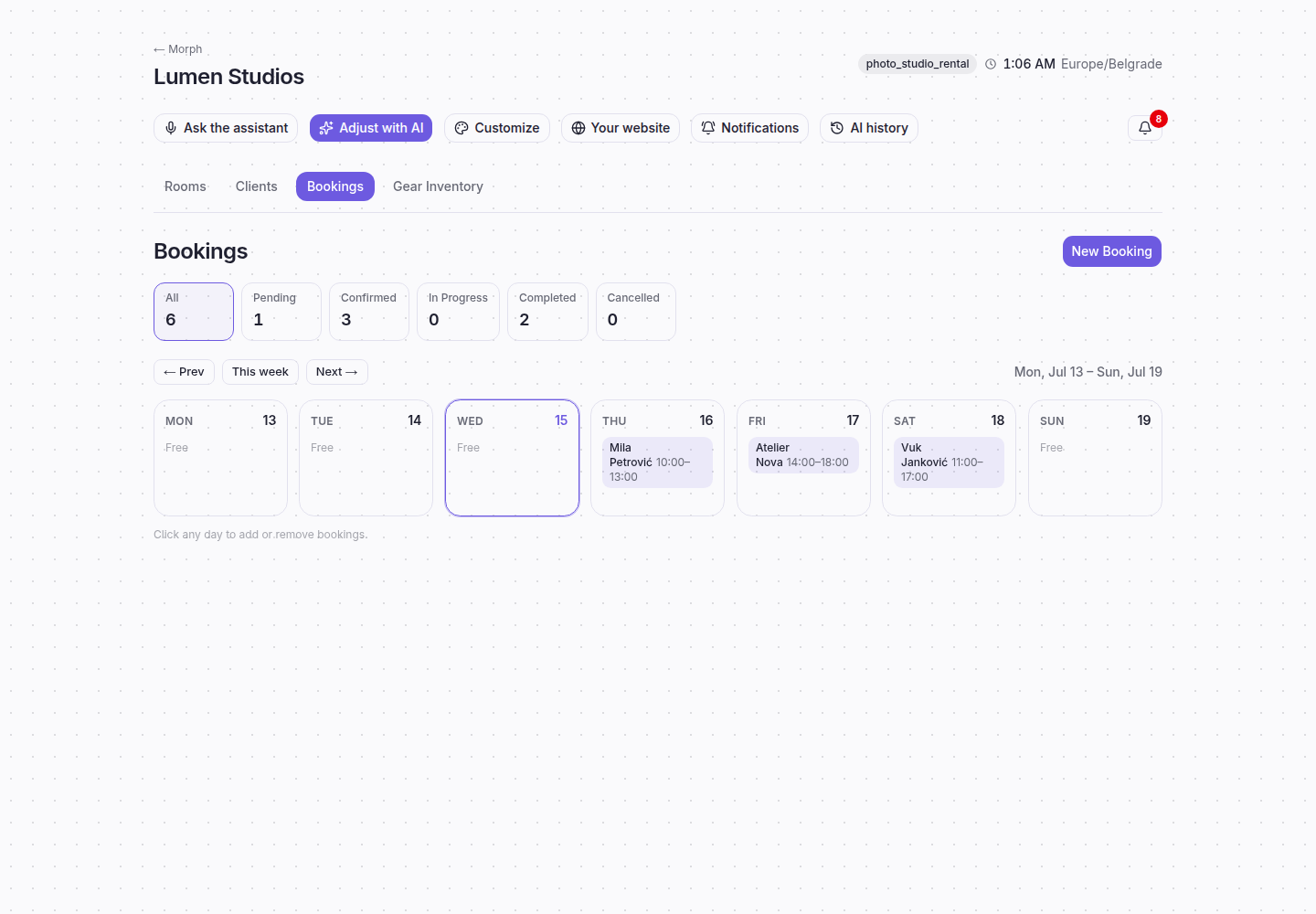 Morph owner dashboard — bookings week calendar