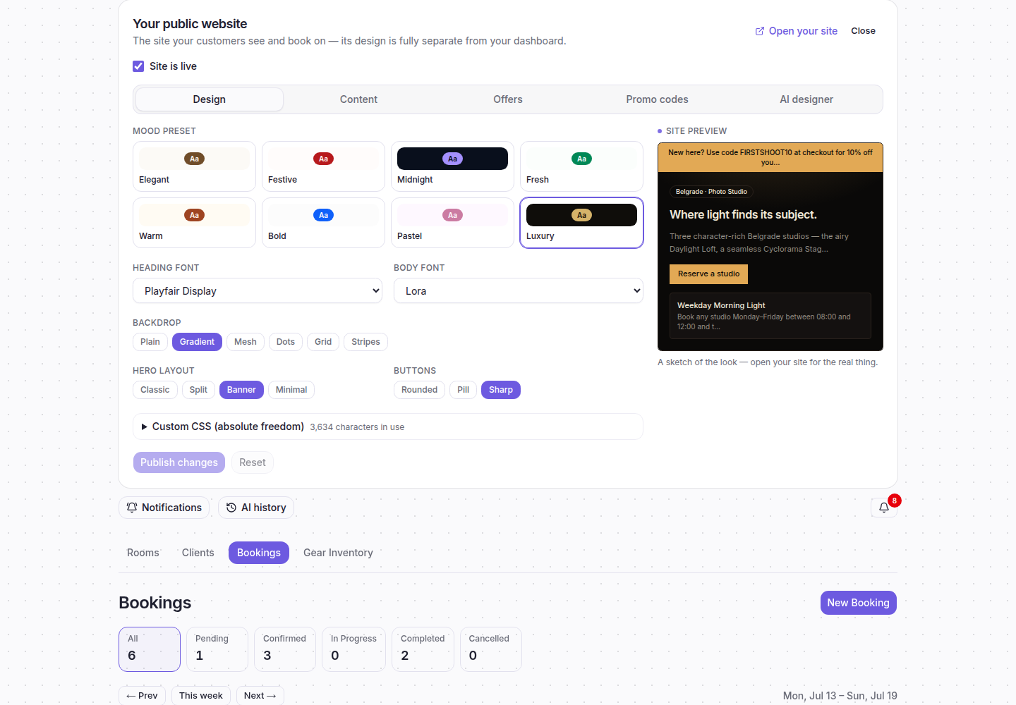 Morph Site Studio — public-site design controls with live preview